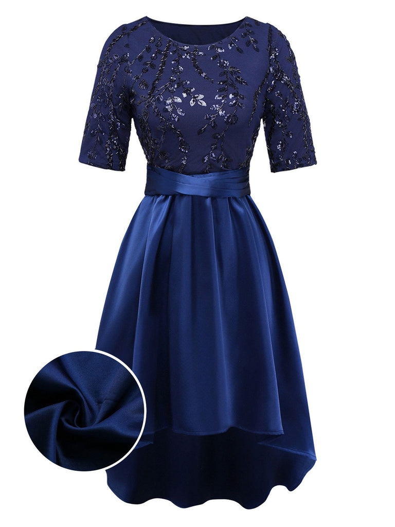[Prévente] Robe bleu foncé en satin brodée de sequins style années 1950
