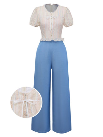 [Prévente] Combinaison en jean bleu broderies florales et nœud papillon années 70