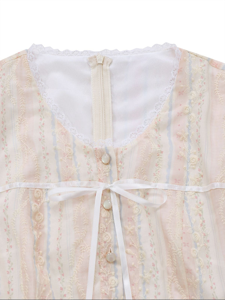 [Prévente] Combinaison en jean bleu broderies florales et nœud papillon années 70