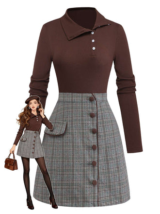 [Prévente] Robe Marron Tricotée À Carreaux Col Asymétrique Années 1970