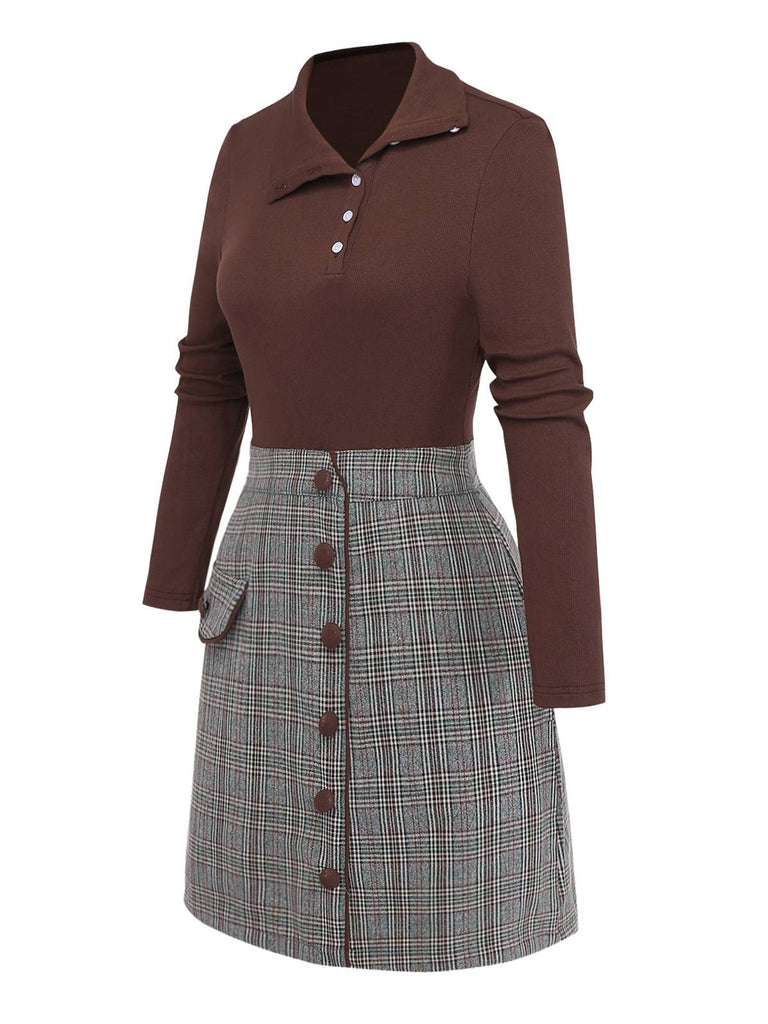 [Prévente] Robe Marron Tricotée À Carreaux Col Asymétrique Années 1970