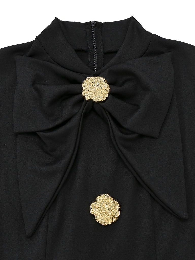 Robe col nœud et fente sur le devant noire des années 1930