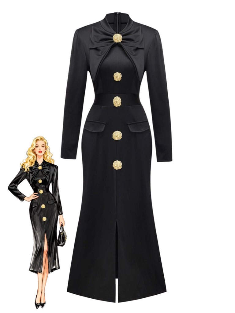 Robe col nœud et fente sur le devant noire des années 1930