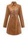 Robe marron en faux daim brodé de fleurs col chemise des années 1970
