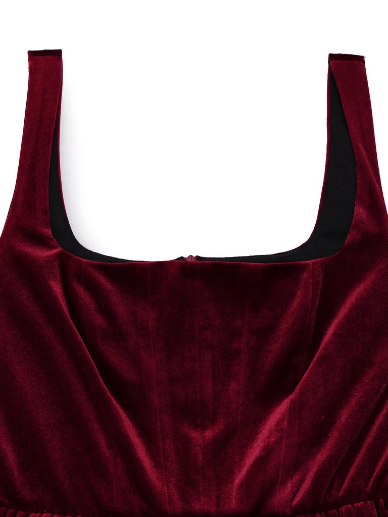 Robe courte en velours uni à col carré des années 1970