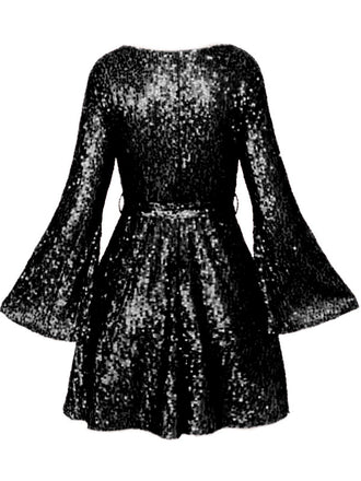Robe disco à sequins col en V et manches évasées années 70
