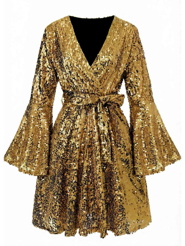 Robe disco à sequins col en V et manches évasées années 70