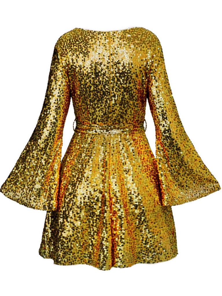 Robe disco à sequins col en V et manches évasées années 70
