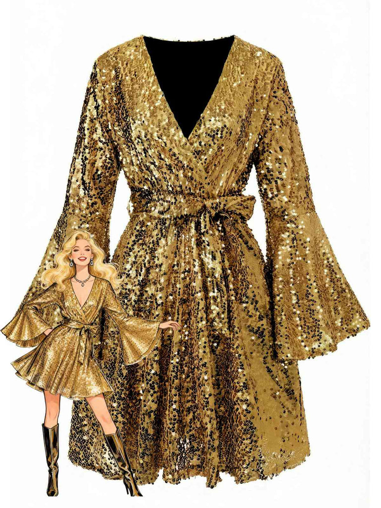 Robe disco à sequins col en V et manches évasées années 70