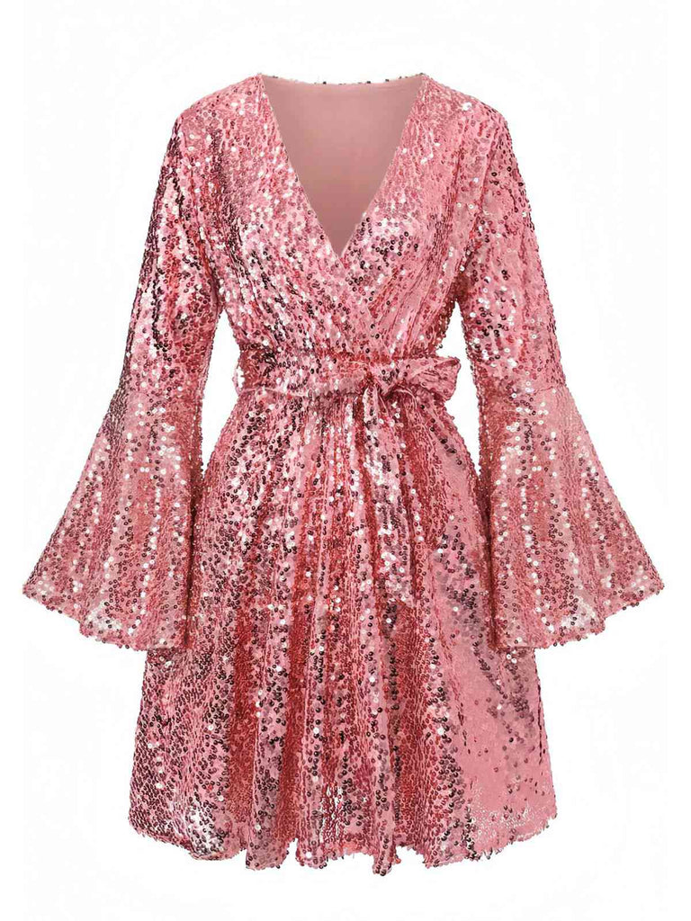 Robe disco à sequins col en V et manches évasées années 70