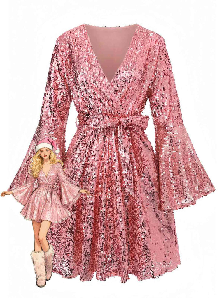 Robe disco à sequins col en V et manches évasées années 70