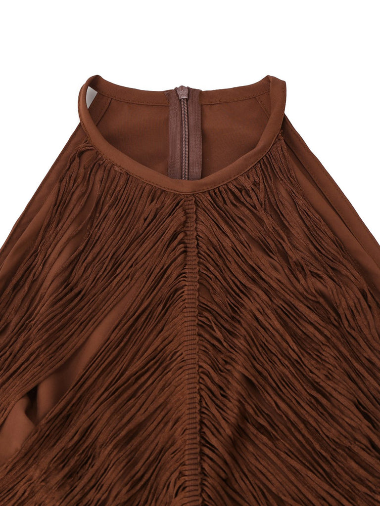 Robe dos nu franges unie couleur café années 1920