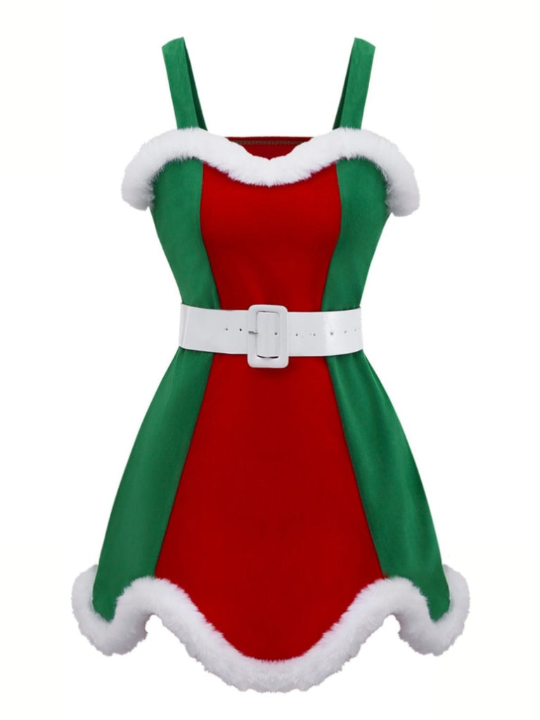 Ensemble robe de Noël avec bordure en peluche rouge et verte des années 1960