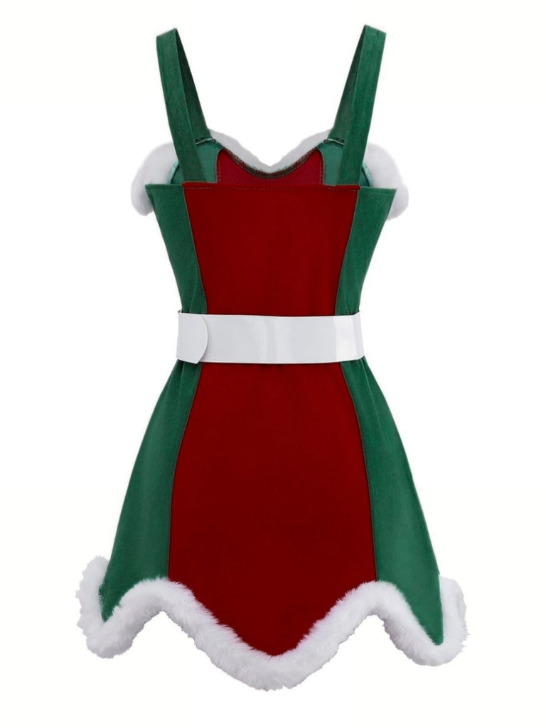 Ensemble robe de Noël avec bordure en peluche rouge et verte des années 1960