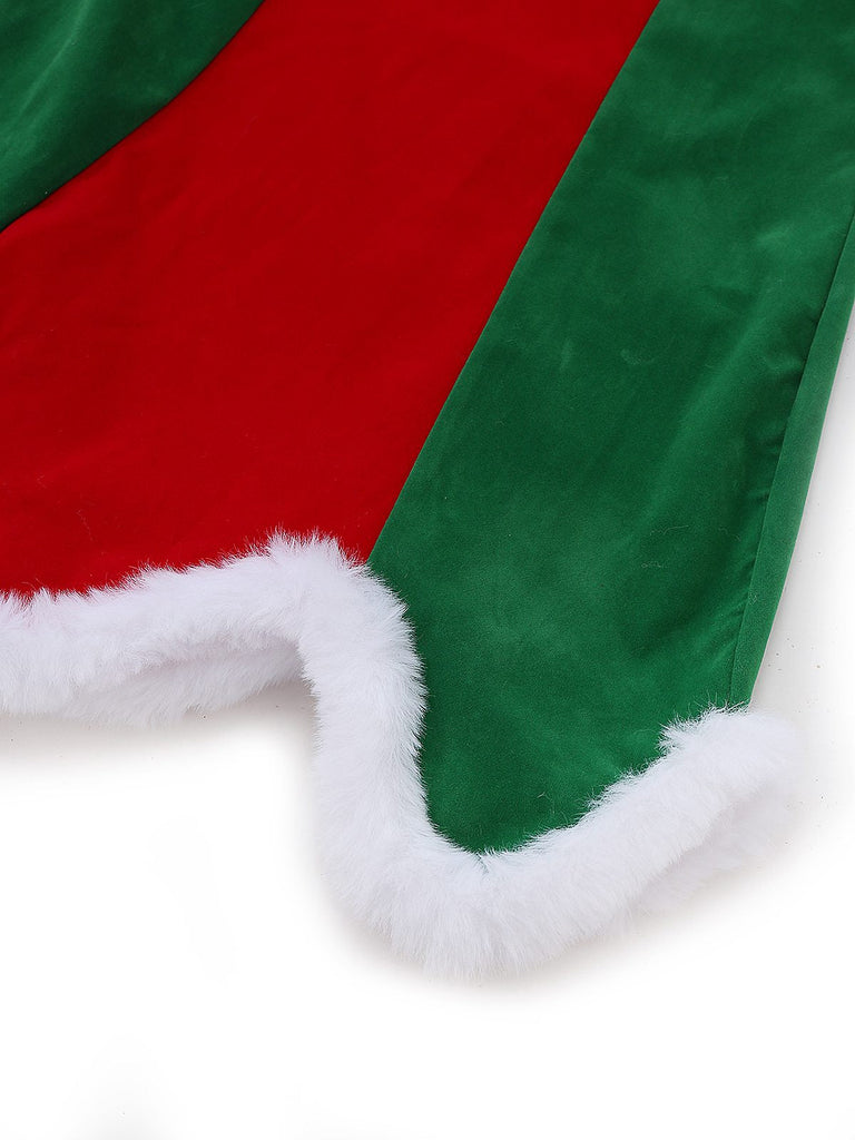 Ensemble robe de Noël avec bordure en peluche rouge et verte des années 1960