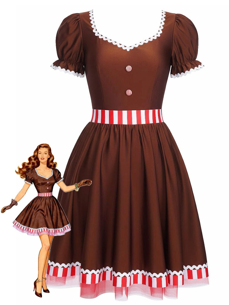 [Pré-vente] Robe patchwork à rayures bonhomme en pain d'épice rouge rouille années 1950