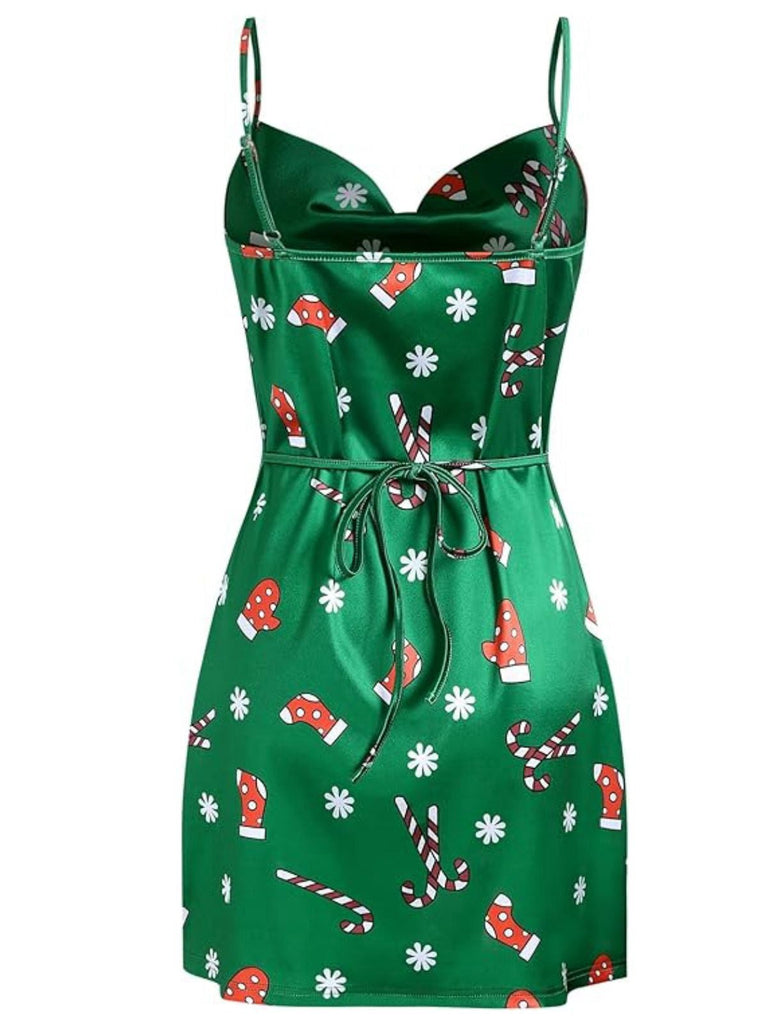 [Prévente] Robe en satin à bretellesverte col bénitier noël  des années 60