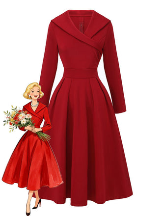 Robe trapèze taille haute et revers unis années 1950