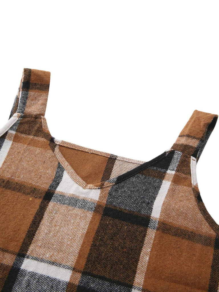 Robe salopette marron carreaux col en V et poches années 1970