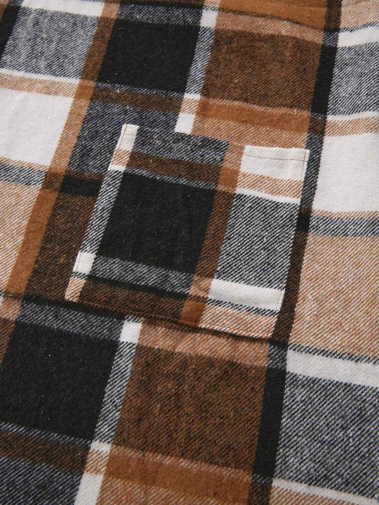 Robe salopette marron carreaux col en V et poches années 1970