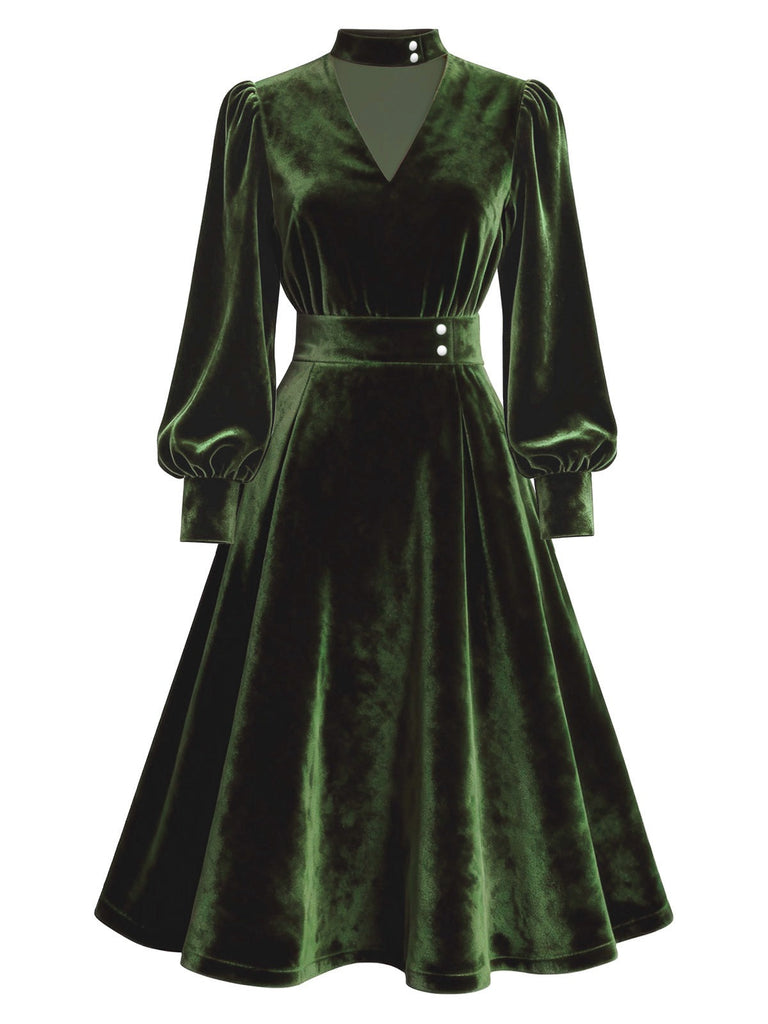 [Prévente] Robe verte en velours perlé et col en V années 1950