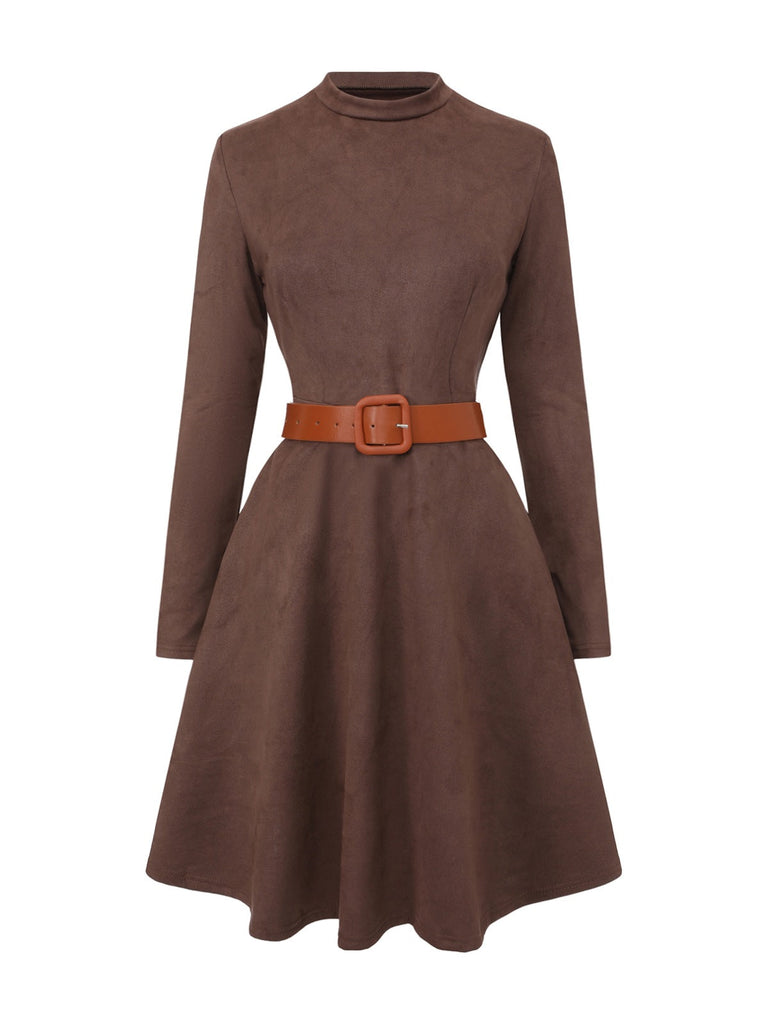 Robe marron manches longues col roulé court avec ceinture années 1970