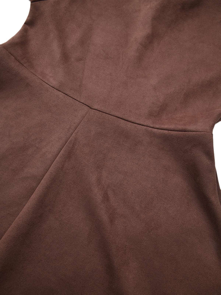 Robe marron manches longues col roulé court avec ceinture années 1970