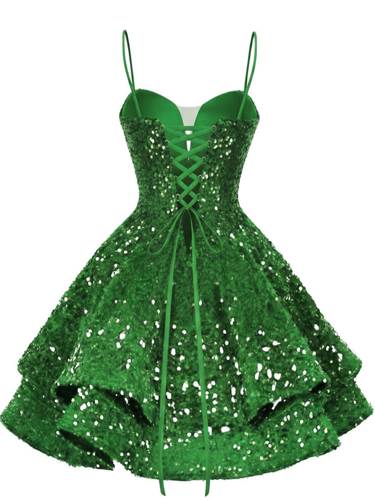 Robe de soirée bleu à paillettes décolleté en V profond et lacets années 1950