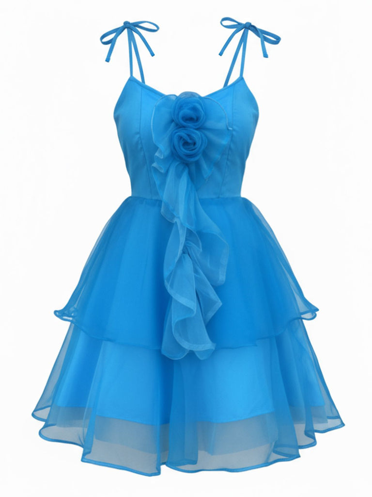 [Prévente] Robe bleue à floral 3D volants tulle et bretelles années 70