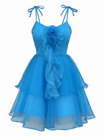 [Prévente] Robe bleue à floral 3D volants tulle et bretelles années 70