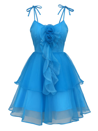 [Prévente] Robe bleue à floral 3D volants tulle et bretelles années 70