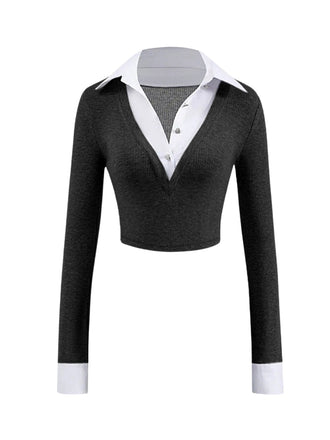 [Prévente] Chemisier deux-pièces contrastée en tricot noir des années 1960