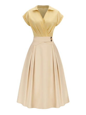 [Prévente] Robe en coton jaune col Johnny plissée patchwork années 1950