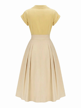 [Prévente] Robe en coton jaune col Johnny plissée patchwork années 1950