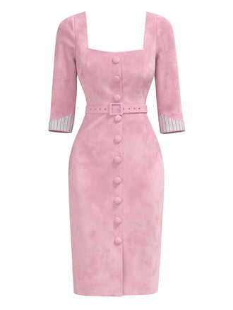 [Prévente] Robe moulante rose en daim et col carré années 60