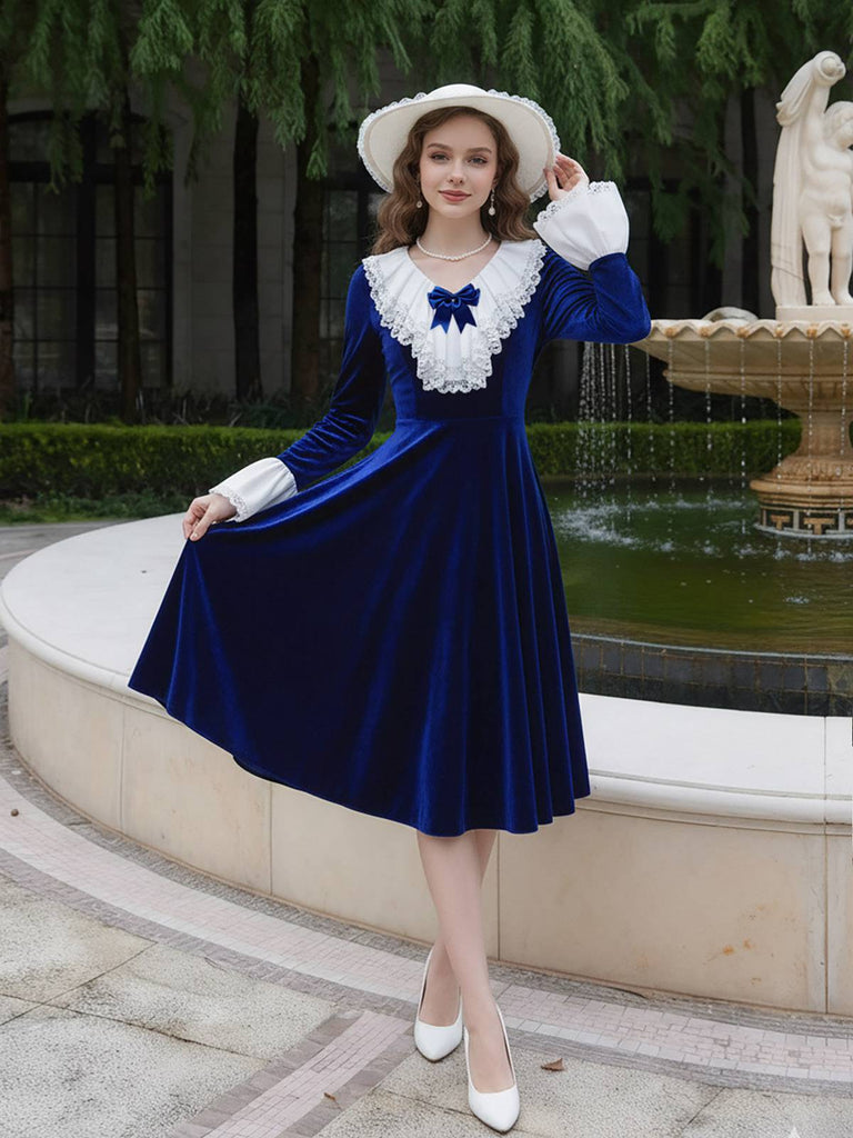 [Prévente] Robe en velours et dentelle et nœud bleu années 40