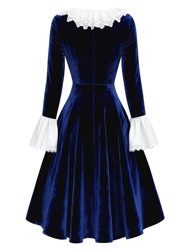 [Prévente] Robe en velours et dentelle et nœud bleu années 40