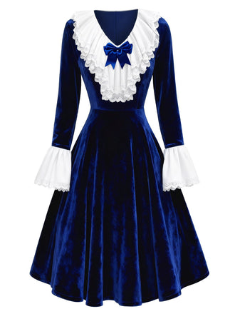 [Prévente] Robe en velours et dentelle et nœud bleu années 40