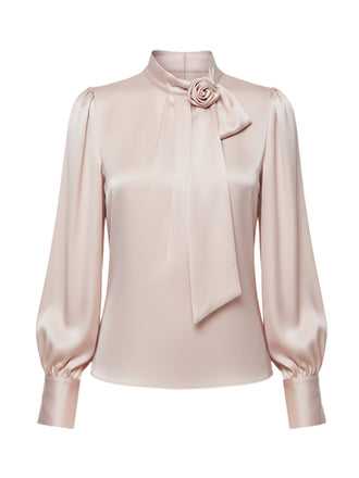 [Prévente] Chemisier en satin rose col montant et rose 3D années 70