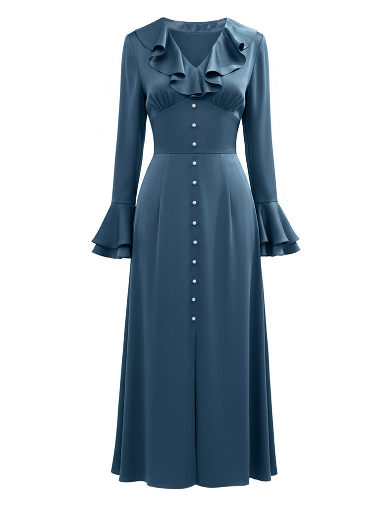 Robe fendue en satin bleu-gris à boutons des années 1940