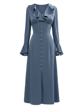 [Prévente] Robe fendue en satin bleu-gris à boutons des années 1940