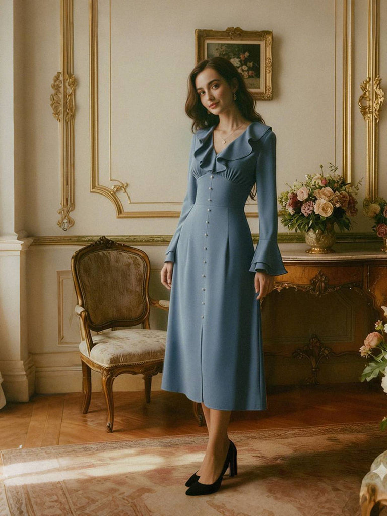 [Prévente] Robe fendue en satin bleu-gris à boutons des années 1940