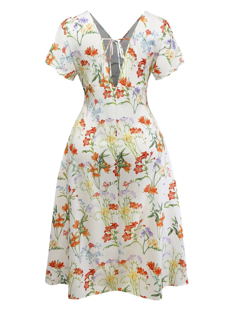 [Prévente] [Grande Taille] Robe blanche à col V et fronces fleuries années 30