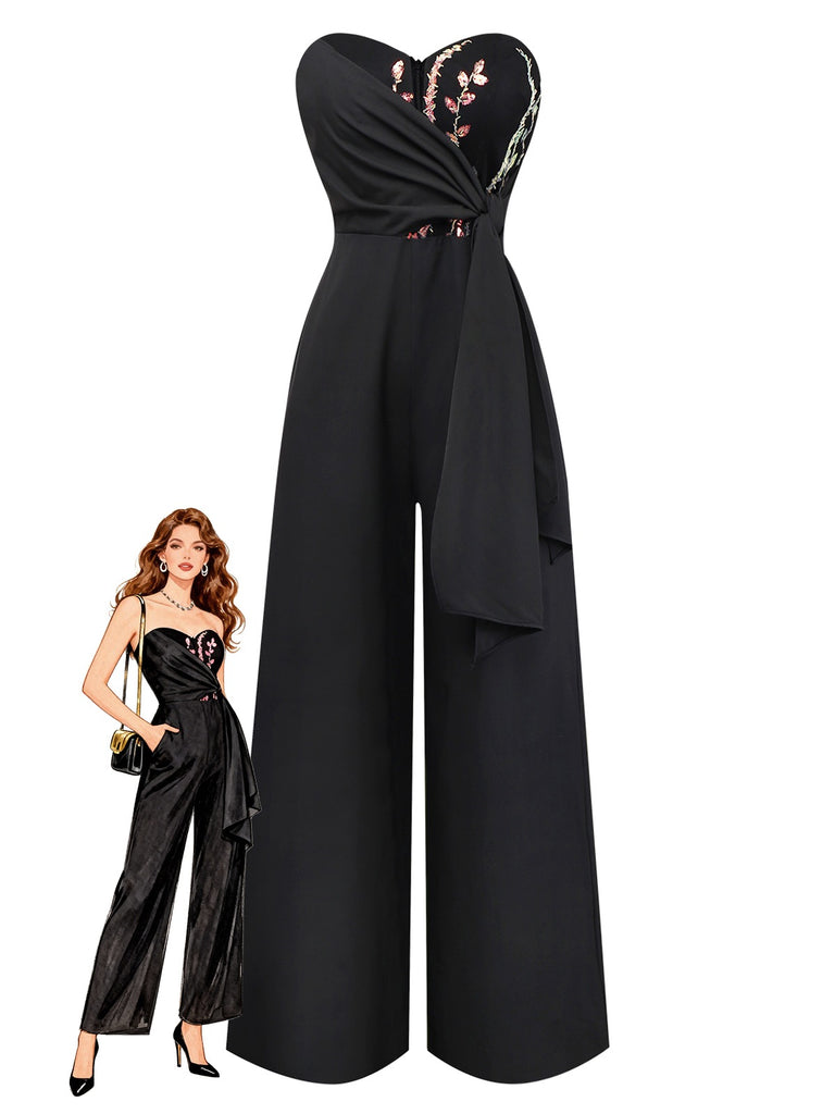 [Prévente] Combinaison bustier noire fleurs brodées style années 60