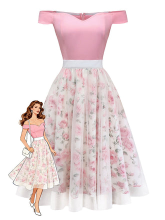 [Prévente] Robe rose épaules dénudées et décolleté cœur en résille années 50