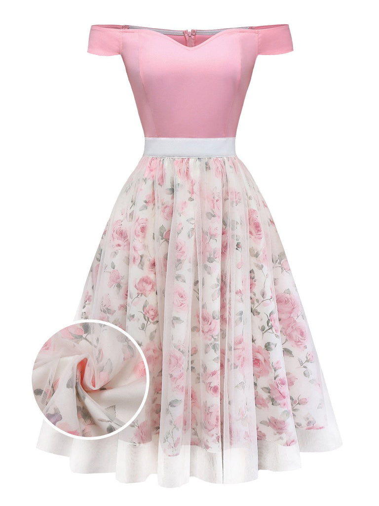 [Prévente] Robe rose épaules dénudées et décolleté cœur en résille années 50