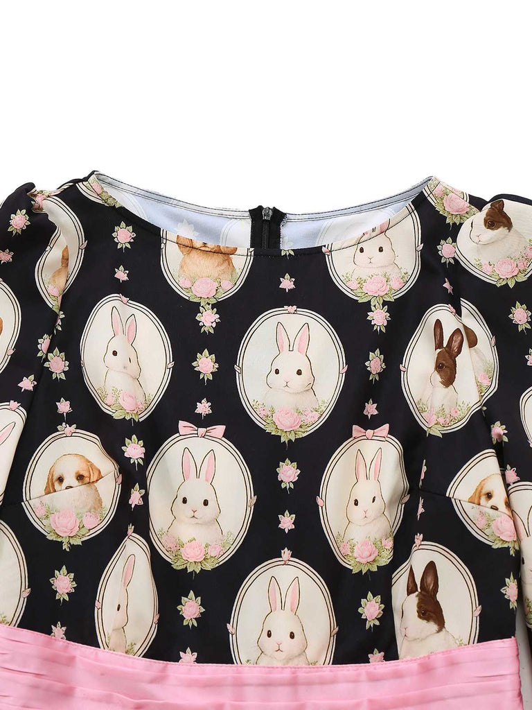 [Prévente] Robe noire col bateau et imprimé lapin chiot années 50