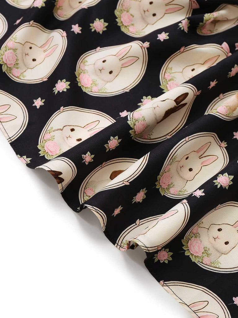 [Prévente] Robe noire col bateau et imprimé lapin chiot années 50