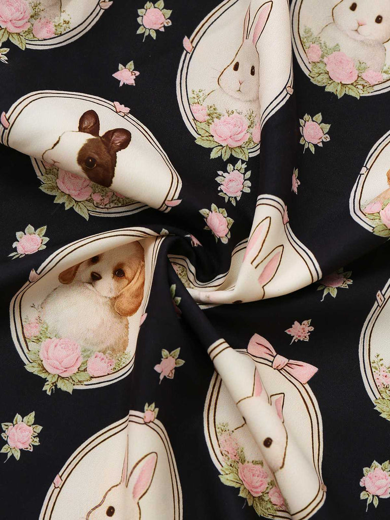 [Prévente] Robe noire col bateau et imprimé lapin chiot années 50
