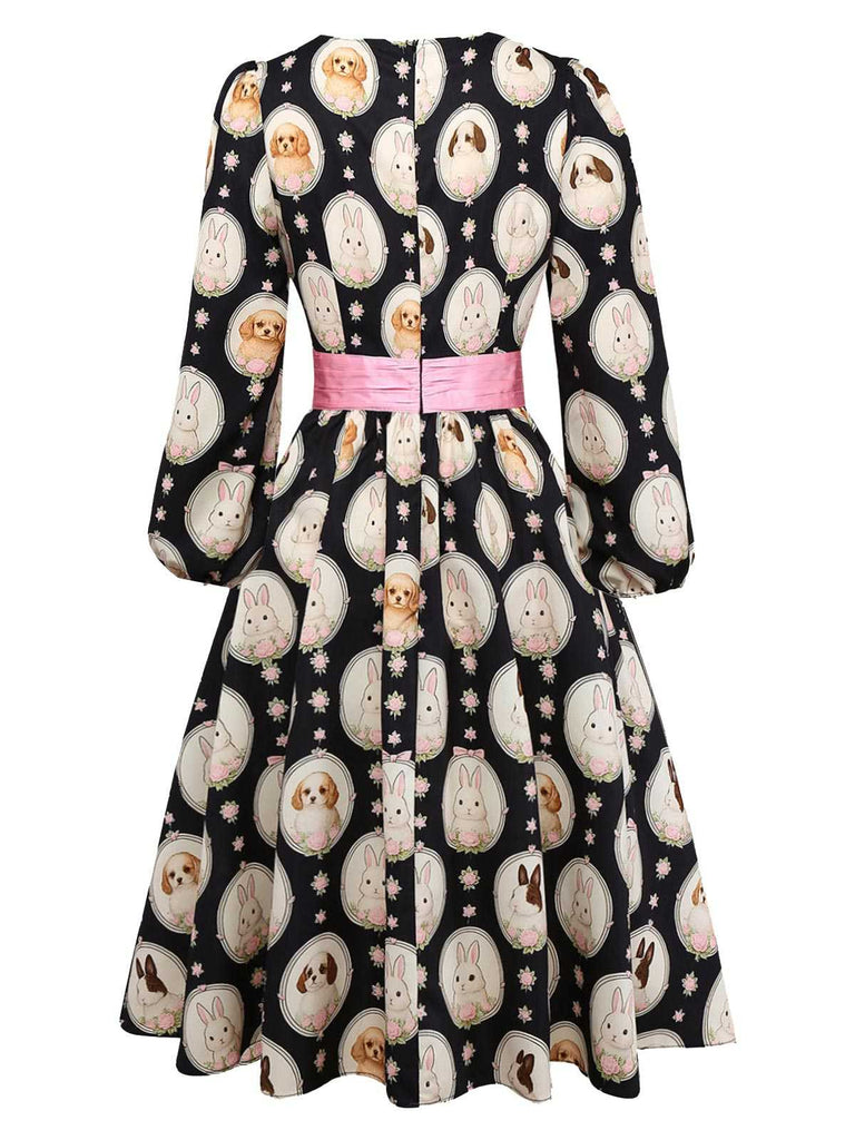 [Prévente] Robe noire col bateau et imprimé lapin chiot années 50